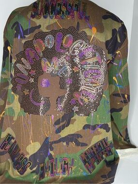 Custom Camo Paint-Splatter Utility Jacket with embellished Patches